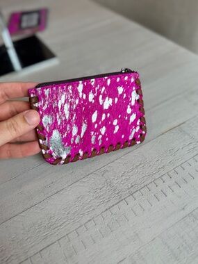 American Darling Handcrafted Braided Hair-On Cowhide Coin Purse Bag Pink